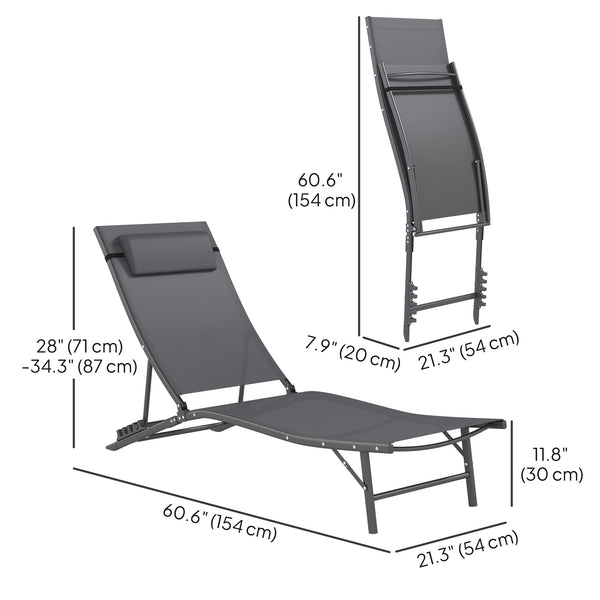 Outdoor Lounge Chair Set of 2, Folding Outdoor Chaise Lounge with Adjustable Backrest, Reclining Sun Tanning Chair with Mesh Seat, Headrest for Beach, Poolside, Grey