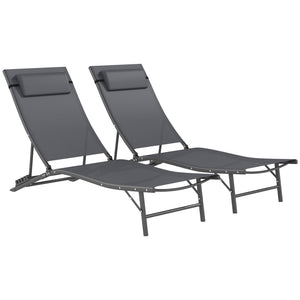 Outdoor Lounge Chair Set of 2, Folding Outdoor Chaise Lounge with Adjustable Backrest, Reclining Sun Tanning Chair with Mesh Seat, Headrest for Beach, Poolside, Grey