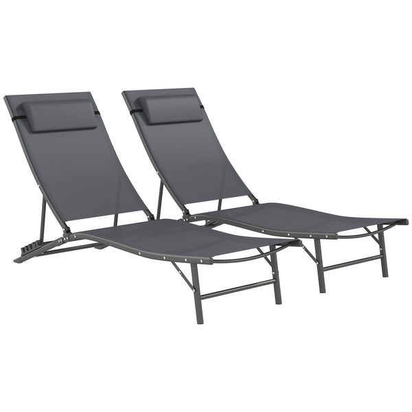 Outdoor Lounge Chair Set of 2, Folding Outdoor Chaise Lounge with Adjustable Backrest, Reclining Sun Tanning Chair with Mesh Seat, Headrest for Beach, Poolside, Grey