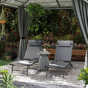 Outdoor Lounge Chair Set of 2, Folding Outdoor Chaise Lounge with Adjustable Backrest, Reclining Sun Tanning Chair with Mesh Seat, Headrest for Beach, Poolside, Grey