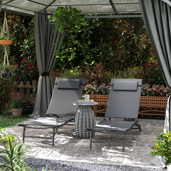 Outdoor Lounge Chair Set of 2, Folding Outdoor Chaise Lounge with Adjustable Backrest, Reclining Sun Tanning Chair with Mesh Seat, Headrest for Beach, Poolside, Grey