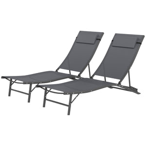Outdoor Lounge Chair Set of 2, Folding Outdoor Chaise Lounge with Adjustable Backrest, Reclining Sun Tanning Chair with Mesh Seat, Headrest for Beach, Poolside, Grey