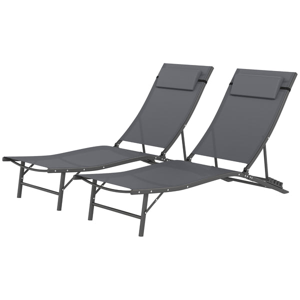 Outdoor Lounge Chair Set of 2, Folding Outdoor Chaise Lounge with Adjustable Backrest, Reclining Sun Tanning Chair with Mesh Seat, Headrest for Beach, Poolside, Grey