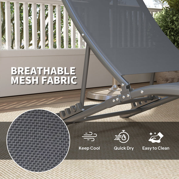 Outdoor Lounge Chair Set of 2, Folding Outdoor Chaise Lounge with Adjustable Backrest, Reclining Sun Tanning Chair with Mesh Seat, Headrest for Beach, Poolside, Grey