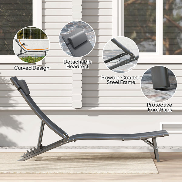 Outdoor Lounge Chair Set of 2, Folding Outdoor Chaise Lounge with Adjustable Backrest, Reclining Sun Tanning Chair with Mesh Seat, Headrest for Beach, Poolside, Grey