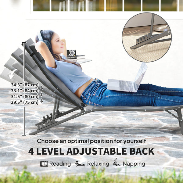 Outdoor Lounge Chair Set of 2, Folding Outdoor Chaise Lounge with Adjustable Backrest, Reclining Sun Tanning Chair with Mesh Seat, Headrest for Beach, Poolside, Grey