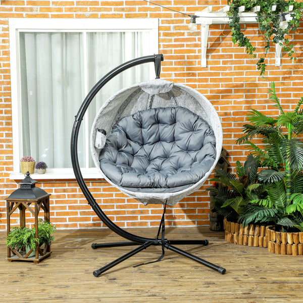 Hanging Egg Chair Outdoor Indoor Garden Swing Chair with Folding Basket, Garden Hanging Chair with Stand, Thickened Cushion, Cup Holder for Patio, Balcony, Grey