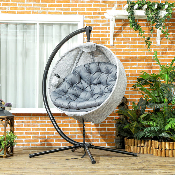 Hanging Egg Chair Outdoor Indoor Garden Swing Chair with Folding Basket, Garden Hanging Chair with Stand, Thickened Cushion, Cup Holder for Patio, Balcony, Grey