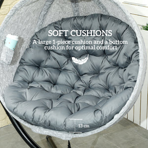 Hanging Egg Chair Outdoor Indoor Garden Swing Chair with Folding Basket, Garden Hanging Chair with Stand, Thickened Cushion, Cup Holder for Patio, Balcony, Grey