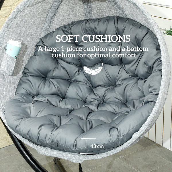 Hanging Egg Chair Outdoor Indoor Garden Swing Chair with Folding Basket, Garden Hanging Chair with Stand, Thickened Cushion, Cup Holder for Patio, Balcony, Grey