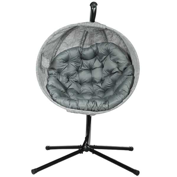 Hanging Egg Chair Outdoor Indoor Garden Swing Chair with Folding Basket, Garden Hanging Chair with Stand, Thickened Cushion, Cup Holder for Patio, Balcony, Grey