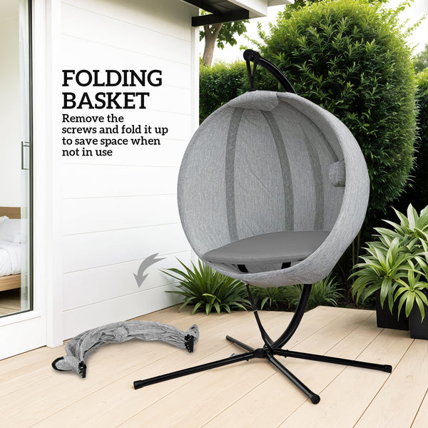 Hanging Egg Chair Outdoor Indoor Garden Swing Chair with Folding Basket, Garden Hanging Chair with Stand, Thickened Cushion, Cup Holder for Patio, Balcony, Grey
