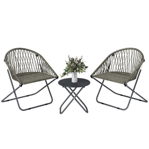 3 Pieces Patio Bistro Set, Folding Garden Furniture Set for 2 with Metal Top Coffee Table and Rattan Chairs for Outdoor, Balcony, Grey