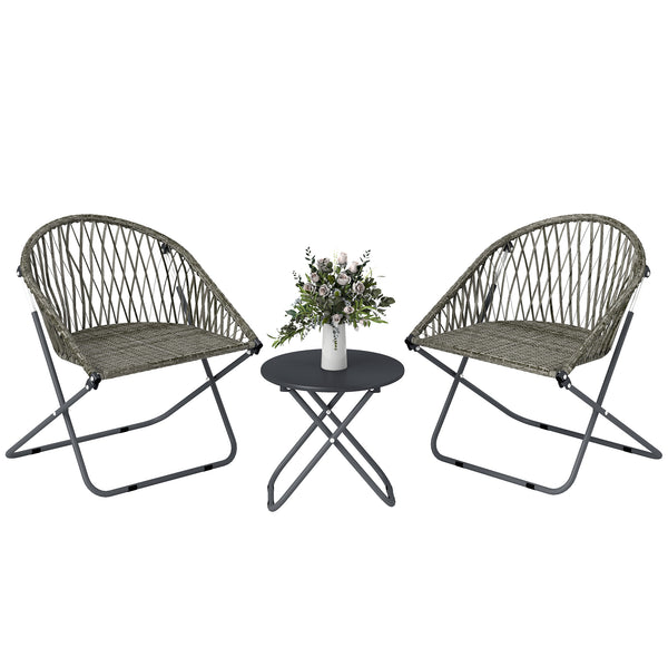 3 Pieces Patio Bistro Set, Folding Garden Furniture Set for 2 with Metal Top Coffee Table and Rattan Chairs for Outdoor, Balcony, Grey