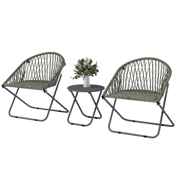 3 Pieces Patio Bistro Set, Folding Garden Furniture Set for 2 with Metal Top Coffee Table and Rattan Chairs for Outdoor, Balcony, Grey