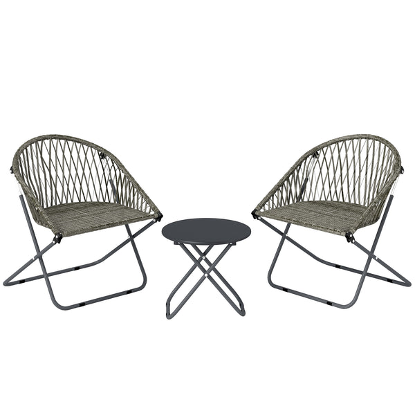 3 Pieces Patio Bistro Set, Folding Garden Furniture Set for 2 with Metal Top Coffee Table and Rattan Chairs for Outdoor, Balcony, Grey
