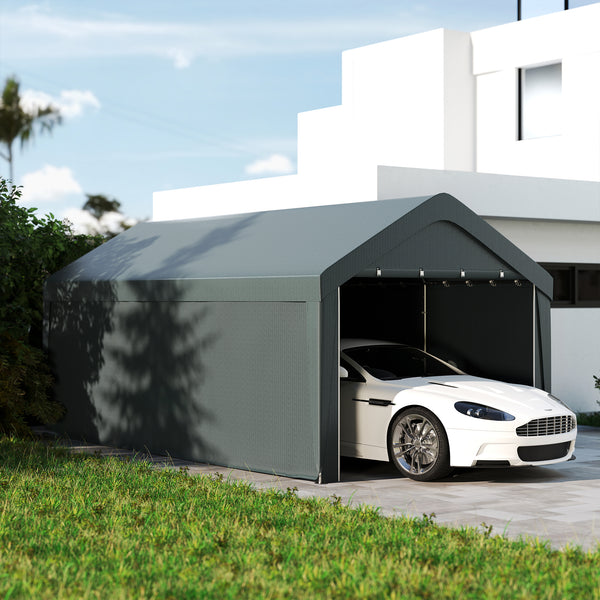Carport, 10 x 20 ft Portable Garage with 2 Roll-Up Doors, Metal Carport Tent Shelter with Removable Sidewalls for Car, Truck, Garden Tools, Dark Grey
