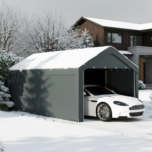 White car parked inside a snow-covered metal garage in front of a house with snow on the roof.