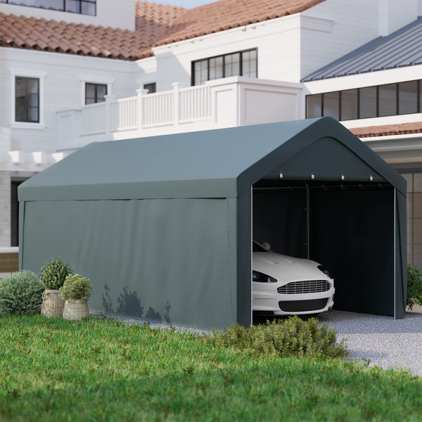 Carport, 10 x 20 ft Portable Garage with 2 Roll-Up Doors, Metal Carport Tent Shelter with Removable Sidewalls for Car, Truck, Garden Tools, Dark Grey