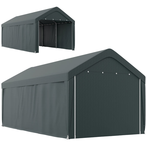 Carport, 10 x 20 ft Portable Garage with 2 Roll-Up Doors, Metal Carport Tent Shelter with Removable Sidewalls for Car, Truck, Garden Tools, Dark Grey
