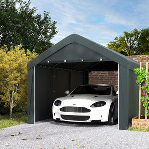 Carport, 10 x 20 ft Portable Garage with 2 Roll-Up Doors, Metal Carport Tent Shelter with Removable Sidewalls for Car, Truck, Garden Tools, Dark Grey