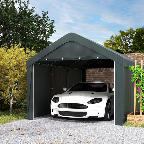 Carport, 10 x 20 ft Portable Garage with 2 Roll-Up Doors, Metal Carport Tent Shelter with Removable Sidewalls for Car, Truck, Garden Tools, Dark Grey