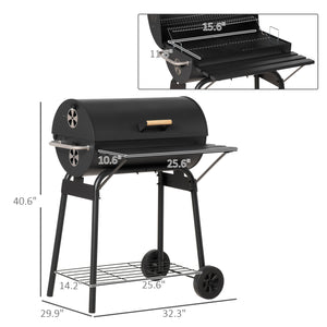 30" Portable Barrel Charcoal BBQ Grill with 370 Square Inches Cooking Space & Storage Shelf for Garden Camping Picnic, Black