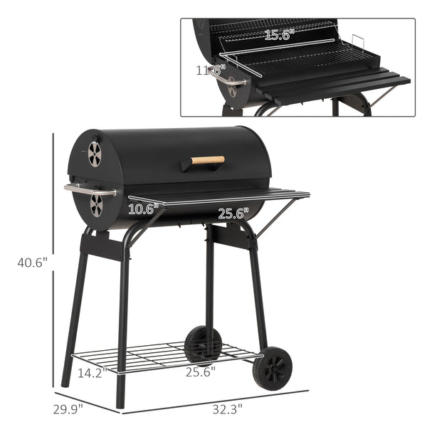 30" Portable Barrel Charcoal BBQ Grill with 370 Square Inches Cooking Space & Storage Shelf for Garden Camping Picnic, Black