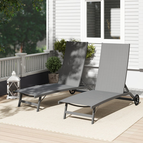 Lounge Chair Outdoor Set of 2 with Wheels, 5-Position Reclining Chaise Lounge Tanning Chair, Breathable Mesh Sun Lounger for Patio, Backyard, Beach, Poolside, Dark Grey