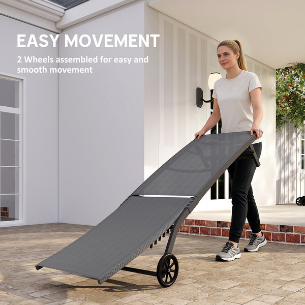 Lounge Chair Outdoor Set of 2 with Wheels, 5-Position Reclining Chaise Lounge Tanning Chair, Breathable Mesh Sun Lounger for Patio, Backyard, Beach, Poolside, Dark Grey