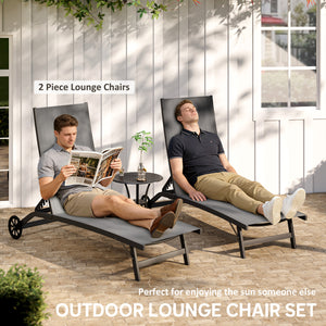 Lounge Chair Outdoor Set of 2 with Wheels, 5-Position Reclining Chaise Lounge Tanning Chair, Breathable Mesh Sun Lounger for Patio, Backyard, Beach, Poolside, Dark Grey