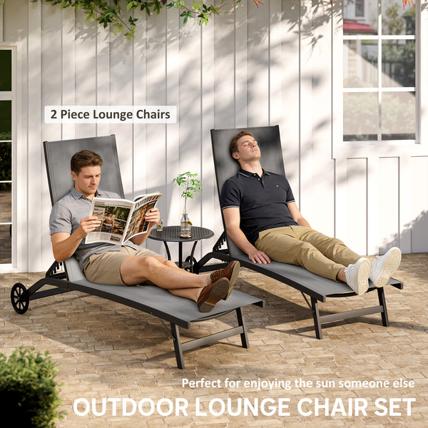 Lounge Chair Outdoor Set of 2 with Wheels, 5-Position Reclining Chaise Lounge Tanning Chair, Breathable Mesh Sun Lounger for Patio, Backyard, Beach, Poolside, Dark Grey