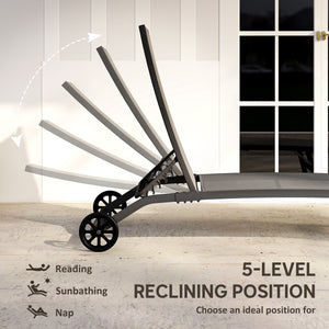 Lounge Chair Outdoor Set of 2 with Wheels, 5-Position Reclining Chaise Lounge Tanning Chair, Breathable Mesh Sun Lounger for Patio, Backyard, Beach, Poolside, Dark Grey