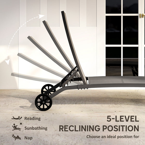 Lounge Chair Outdoor Set of 2 with Wheels, 5-Position Reclining Chaise Lounge Tanning Chair, Breathable Mesh Sun Lounger for Patio, Backyard, Beach, Poolside, Dark Grey