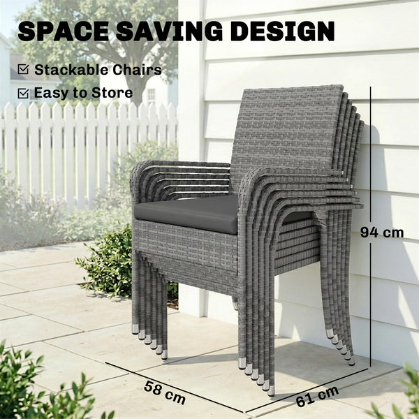 7 Piece Rattan Garden Furniture Set, 6 Seater Garden Table and 6 Stackable Chairs with Extendable Acacia Wood Tabletop, All-Weather Outdoor Furniture with Cushions for Patio, Light Grey