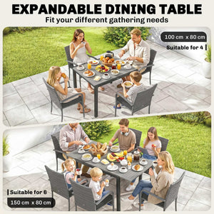 7 Piece Rattan Garden Furniture Set, 6 Seater Garden Table and 6 Stackable Chairs with Extendable Acacia Wood Tabletop, All-Weather Outdoor Furniture with Cushions for Patio, Light Grey
