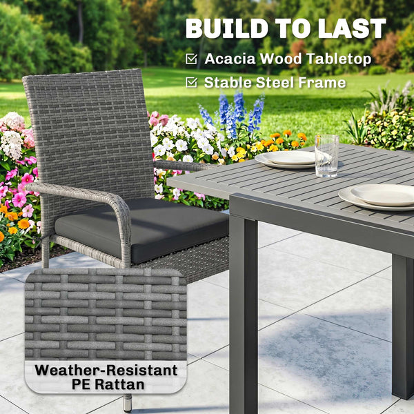 7 Piece Rattan Garden Furniture Set, 6 Seater Garden Table and 6 Stackable Chairs with Extendable Acacia Wood Tabletop, All-Weather Outdoor Furniture with Cushions for Patio, Light Grey