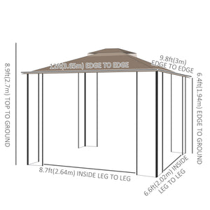 12' x 10' Patio Gazebo Outdoor Canopy Shelter with Double Tier Roof and Netting Sidewalls for Garden, Lawn, Backyard and Deck, Brown