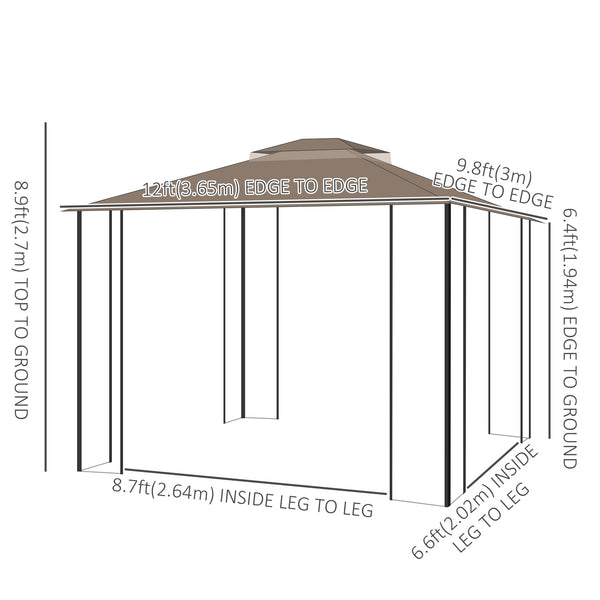 12' x 10' Patio Gazebo Outdoor Canopy Shelter with Double Tier Roof and Netting Sidewalls for Garden, Lawn, Backyard and Deck, Brown