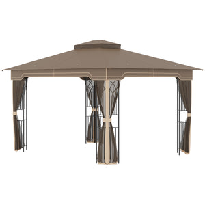 12' x 10' Patio Gazebo Outdoor Canopy Shelter with Double Tier Roof and Netting Sidewalls for Garden, Lawn, Backyard and Deck, Brown