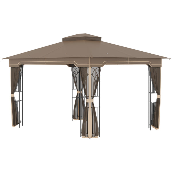 12' x 10' Patio Gazebo Outdoor Canopy Shelter with Double Tier Roof and Netting Sidewalls for Garden, Lawn, Backyard and Deck, Brown