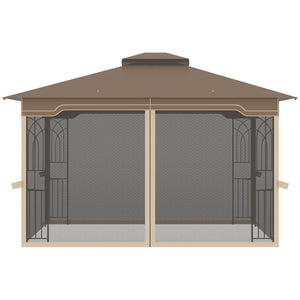 12' x 10' Patio Gazebo Outdoor Canopy Shelter with Double Tier Roof and Netting Sidewalls for Garden, Lawn, Backyard and Deck, Brown