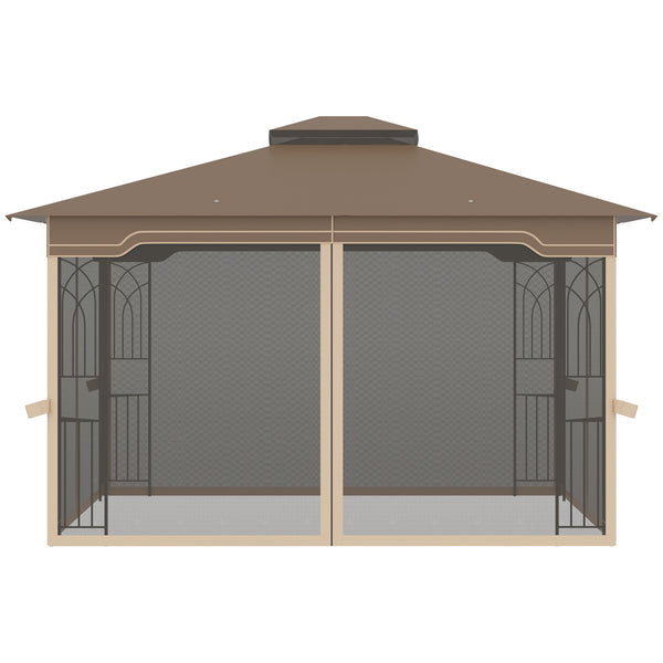 12' x 10' Patio Gazebo Outdoor Canopy Shelter with Double Tier Roof and Netting Sidewalls for Garden, Lawn, Backyard and Deck, Brown