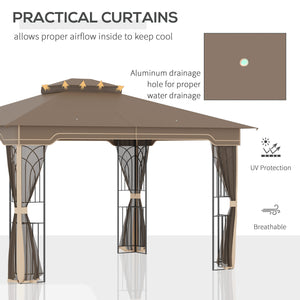 12' x 10' Patio Gazebo Outdoor Canopy Shelter with Double Tier Roof and Netting Sidewalls for Garden, Lawn, Backyard and Deck, Brown
