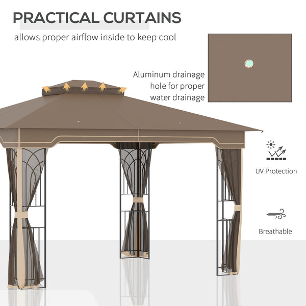 12' x 10' Patio Gazebo Outdoor Canopy Shelter with Double Tier Roof and Netting Sidewalls for Garden, Lawn, Backyard and Deck, Brown