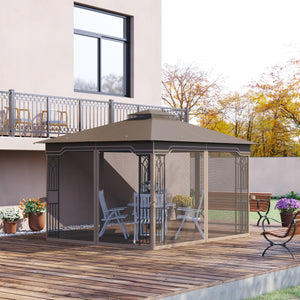 12' x 10' Patio Gazebo Outdoor Canopy Shelter with Double Tier Roof and Netting Sidewalls for Garden, Lawn, Backyard and Deck, Brown