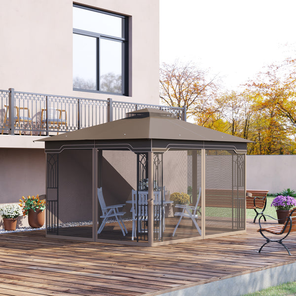 12' x 10' Patio Gazebo Outdoor Canopy Shelter with Double Tier Roof and Netting Sidewalls for Garden, Lawn, Backyard and Deck, Brown