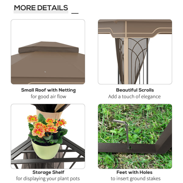 12' x 10' Patio Gazebo Outdoor Canopy Shelter with Double Tier Roof and Netting Sidewalls for Garden, Lawn, Backyard and Deck, Brown