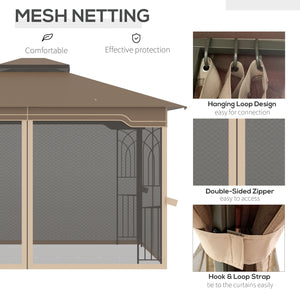12' x 10' Patio Gazebo Outdoor Canopy Shelter with Double Tier Roof and Netting Sidewalls for Garden, Lawn, Backyard and Deck, Brown