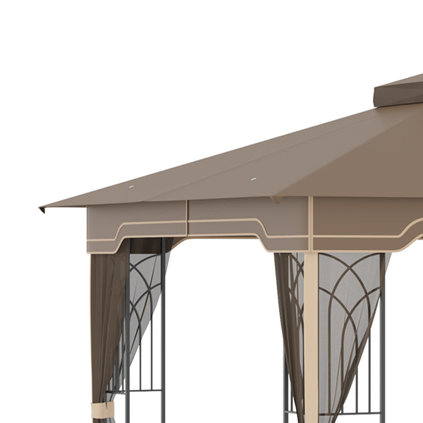 12' x 10' Patio Gazebo Outdoor Canopy Shelter with Double Tier Roof and Netting Sidewalls for Garden, Lawn, Backyard and Deck, Brown